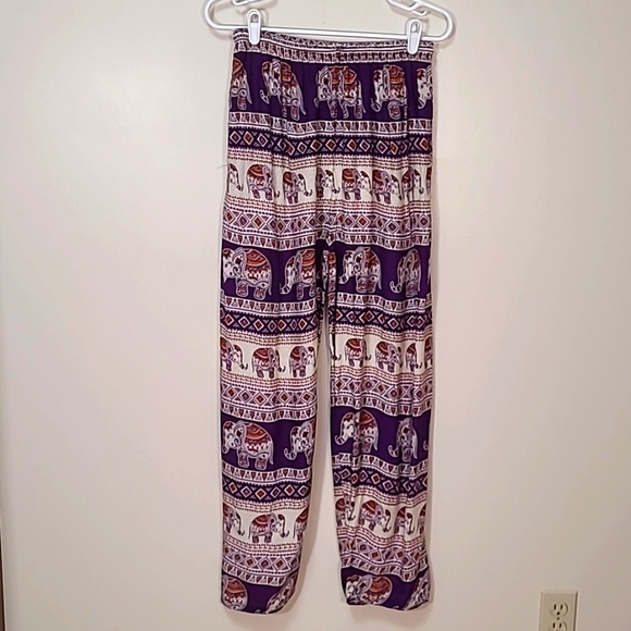Indian Elephant Print Pull On Pants in Purple Gold Jogger Soft Rayon OS - Picture 4 of 8